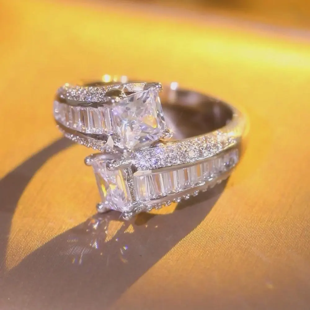 Women's Rectangular Cut Promise Ring with Baguette Accents, Bridal Engagement Ring, Statement Wedding Band, Valentine’s Day Gift, Daily Casual Costume Jewelry, Elegant Glittering Ring