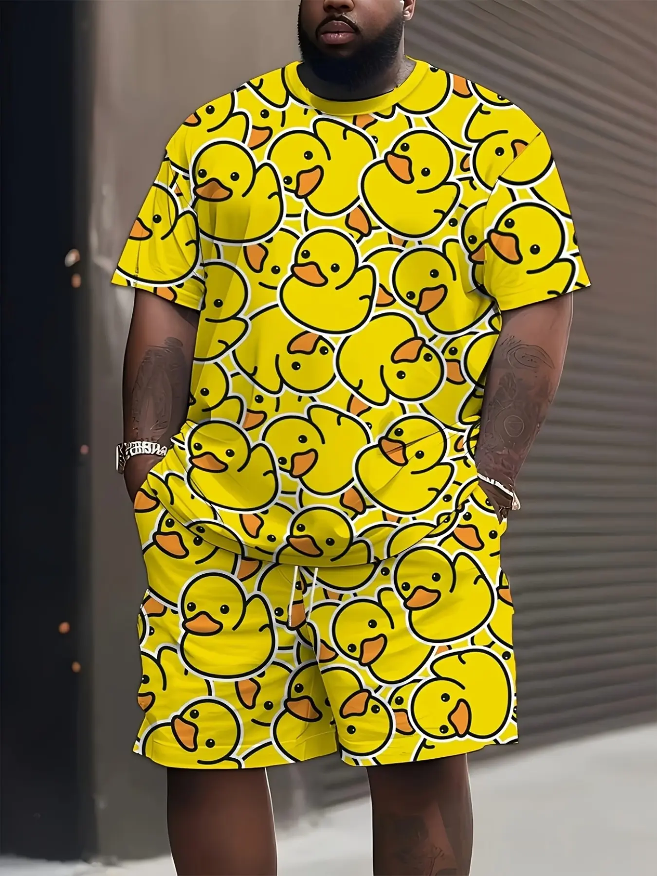 Men's 2-Piece Set, Cartoon Duck Pattern, Hawaiian Beach Wear, 3D Digital Print, Casual Loose Fit, Short Sleeve T-Shirt and Shorts