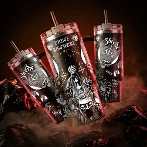 Ghost Dance Macabre 40 oz Tumbler Skull Mitre Crown Occult Symbol Graphic Design Vacuum Insulated Travel Mug with Handle, 18/8 Steel Keeps Drinks Cold 12H+ Hot 6H Swedish Rock Band Merch for Concert Goers Alternative Music Fans