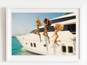 Slim Aarons Inspired Luxury Yacht Art Print – Retro Summer Doll Poster, Pop Art Wall Decor, Fun Fashion Photography, Coastal Chic Home Decor