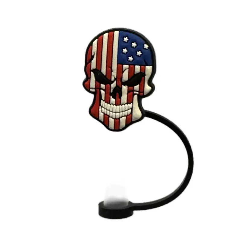 Stylish Skull Design Drinkware Accessory with American Flag Pattern, Black Cord, and Reusable Skull Head Straw