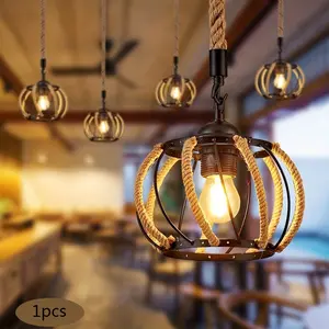 Retro Hemp Rope Pendant Light Iron Art Restaurant Bar Clothing BBQ Shop Corridor Decoration Commercial Hanging Lamp