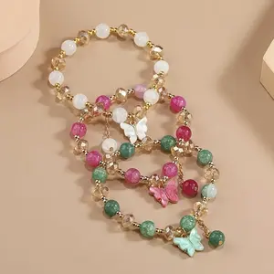 3-piece set of Bohemian-style glass bead bracelets, with butterfly pendant, vintage elegant women's wristband, ideal birthday gift, charming bracelet men Adjustable Rate Couples money Knot Leather earring women Bear Necklace