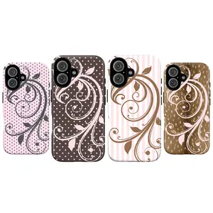 Aesthetic Floral Swirl Phone Case – Vintage Leaf Pattern, Soft Pink Polka Dot & Stripe Design Cover for iPhone 11 12 13 14 15 16 17 Pro Max & Samsung Galaxy S21-S24, Cute Gift for Her