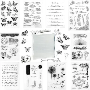 10 Sheets Silicone Stamp Set, Clear Stamp Flowers Fern Butterfly Plants Sayings, Silicone Stamp with Acrylic Block, Vintage Stamp Set for Scrapbooking Photo Album DIY Craft Journal