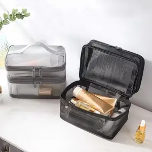 Spacious Double-Layer Makeup Bag, Portable Mesh Fabric Organizer, Ideal for Travel, Vacations, Bathrooms, Cosmetic Storage