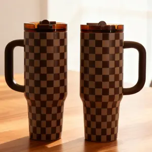 40oz Checkered Tumbler with Handle & Straw Insulated Stainless Steel Travel Mug Brown Checkerboard Pattern Coffee Cup Large Capacity Reusable Water Bottle for Daily Use Office Home Outdoor Gift for Men and Women