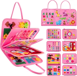 Montessori Busy Board for Toddlers 2-4 Felt Sensory Book with 8 Activity Pages & Clips for Fine Motor Skills Development