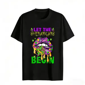 Let The Shenanigans Begin Mardi Gras Lips Design Women's Graphic Tee Casual Streetwear Style Cotton Regular Fit Crew Neck Short Sleeve Festive T-Shirt For summer Party Wear rachel new outfit