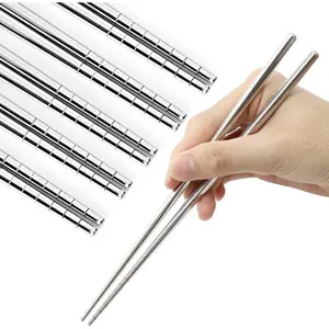 Stainless steel chopsticks 5 pairs reusable multi-color lightweight 304 metal chopsticks square lightweight anti slip chopsticks dishwasher safety gift set (silver hollow)