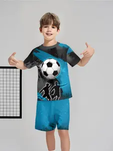 Ink-style short-sleeve and shorts two-piece set for football players, 100% polyester casual loose-fit set, summer fun printed pattern, outdoor sports T-shirt set, perfect gift for boys
