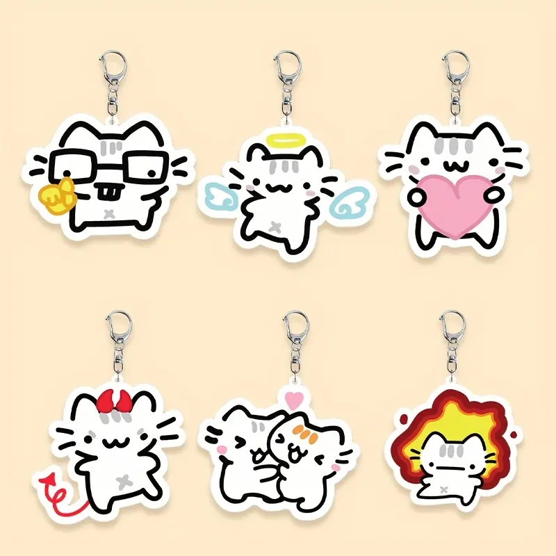 2D Flat, 2D Flat Cartoon Kitten Animal Themed Keychain, Acrylic Cat Keychain, Funny Kitten Keyring, Pendant, Phone Charm, Car Hanging Ornament, Keychain, Bag Charm, Suitable as a Keychain Accessory for Gifts, Wallets, School Bags