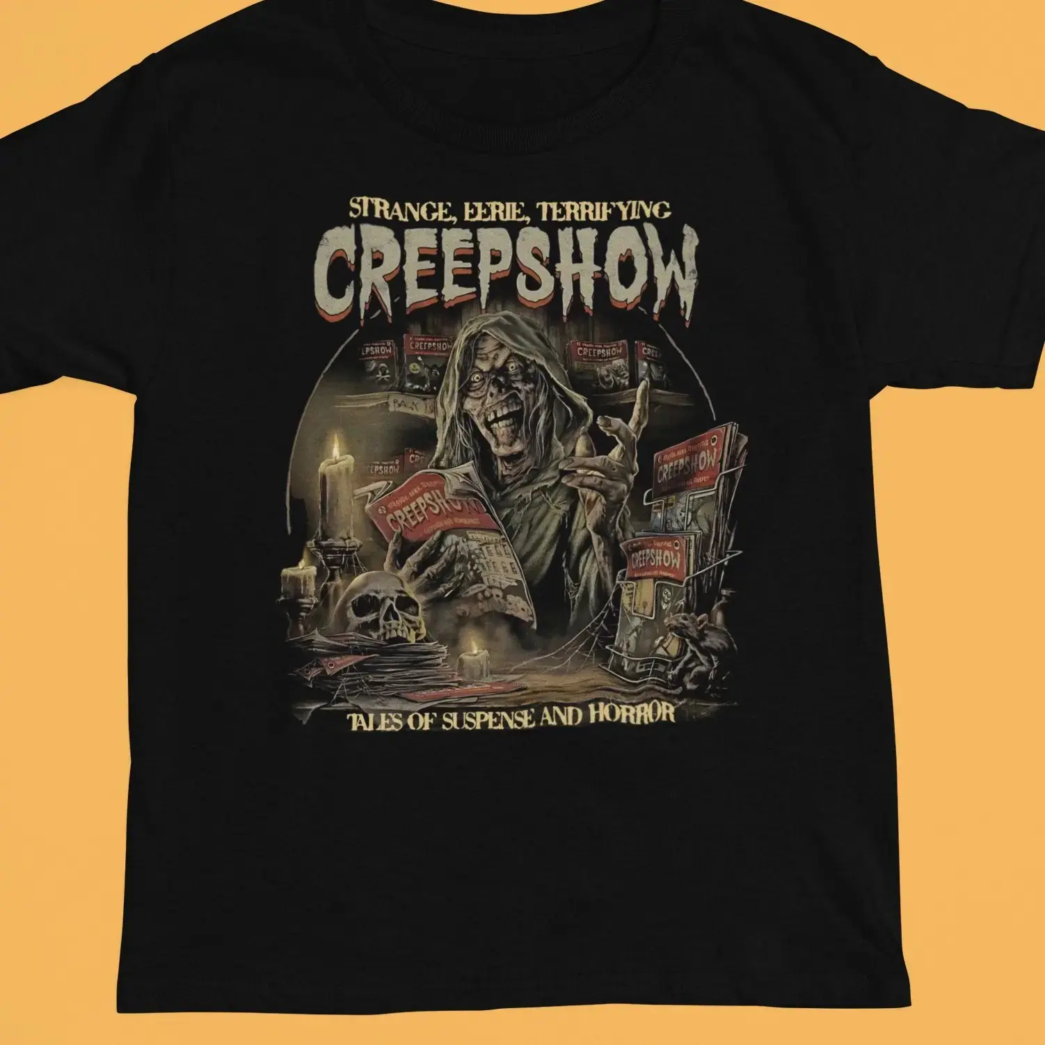 Women's Casual Black T-Shirt with Strange, Eerie, Terrifying Suspense and Horror Tales Design