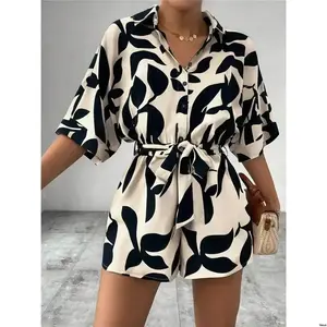 Casual Short Button Women Chiquease Front Sleeve Printed Tie Jumpsuit