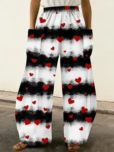 Tie-Dye Heart Pattern Wide Leg Pants, Casual Loose Fit Pocket Long Trousers, Sweet Cool Style