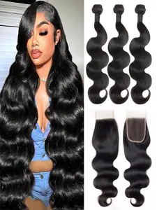 Body Wave Bundles with Closure Human Hair Extensions, 18-22+16 Inch Brazilian Human Hair, 3 Bundles with 4x4 HD Lace Closure, 12a Grade Unprocessed Virgin Hair