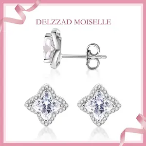 Delzzad Bling Luxury Halo Lily Bulb Four-Leaf Clover Earrings Synthetic Moissanite Stud Earring S925 Sterling Silver Moissanite Jewelry Perfect Christmas Gift for Men Women Wedding Set