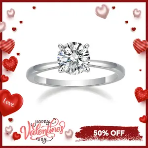Delzzad S925 1-2ct Round VVS Synthetic Moissanite Solitaire Four-Prong Ring Band Engagement Wedding Ring Daily Costume Jewelry Accessories Anniversary Valentine's Day Gifts for Her Women Girls