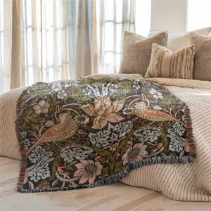 Multi-Function Tassel Woven Blanket - Strawberry Thief ZJ Pattern Bed Blanket, Decorative Giftable Blankets, Also for Sofa Cover Couch Throw Blanket Armchair Home Decor Tablecloth Shawl Outdoor Picnic Camping Beach Towel Office Nap