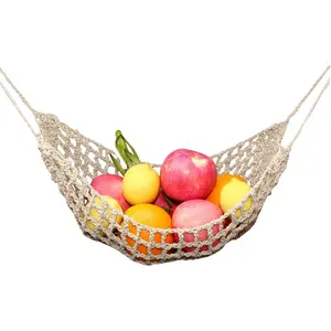 Fruit Hammock for Kitchen Under Cabinet,Large Macrame Fruit Hammock for Kitchen Décor,Storage That Saves Counter For More Counter Space at Home, Boat, or Rv,with 4 Hooks.(nature)