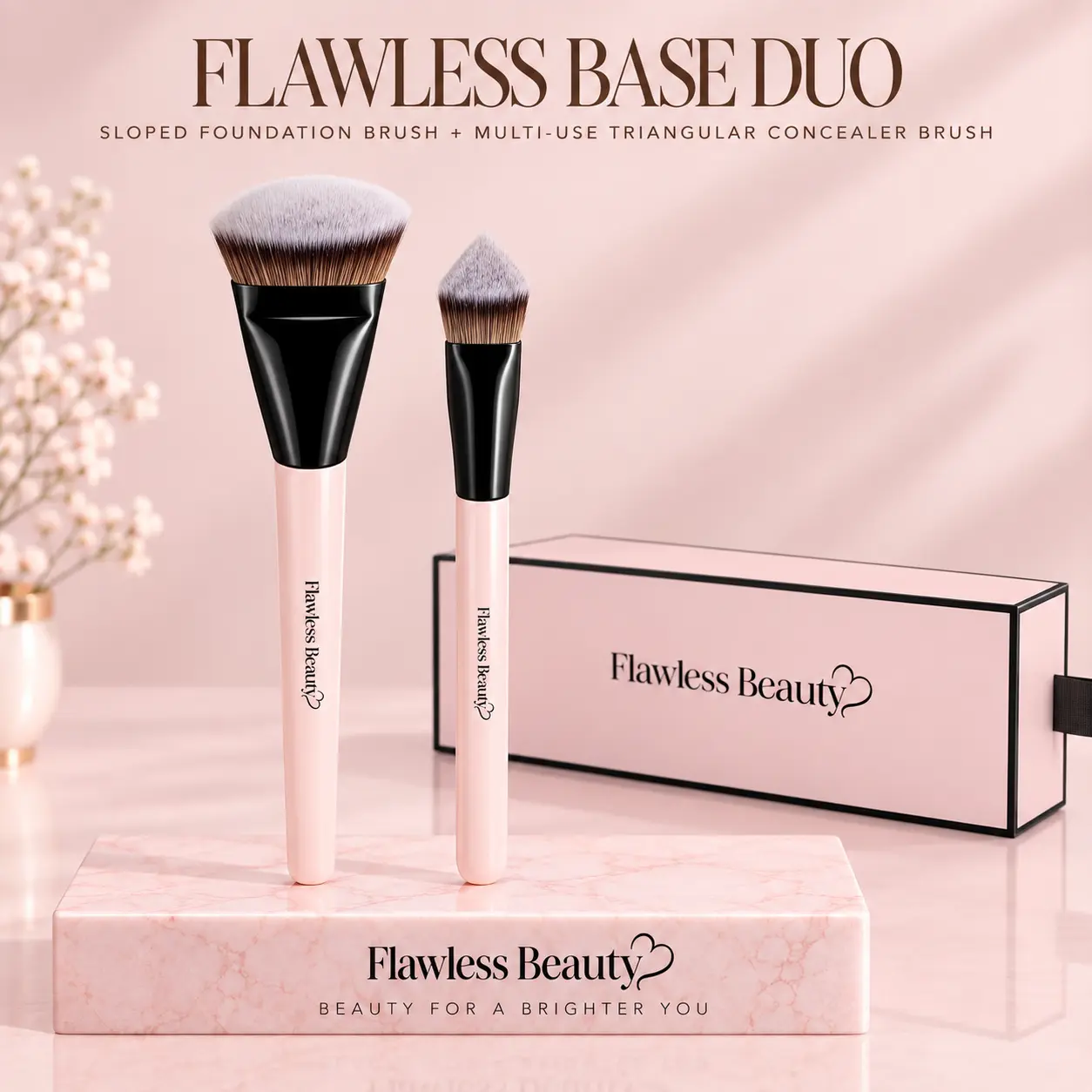 Flawless Beauty Blush Pink Handles with Black Ferrules Sloped Foundation Brush & Multi-Use Triangular Concealer Brush Set