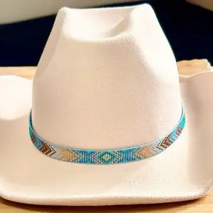 Loomed Seed Bead Color Fading Chevron Pattern Hatband in Blues and Browns