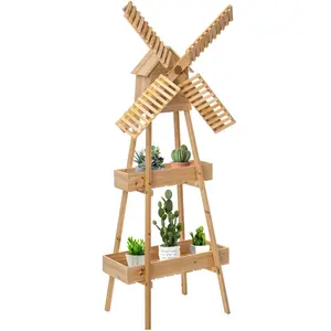 Vintiquewise QI004600 Durable Smooth Natural Rustic Wooden Cart with Windmill Top Accent, Shelf-Integrated Indoor Plant Shelf Organiser Rack, Living Room Room Accessories Storage Solution for Plants/Books