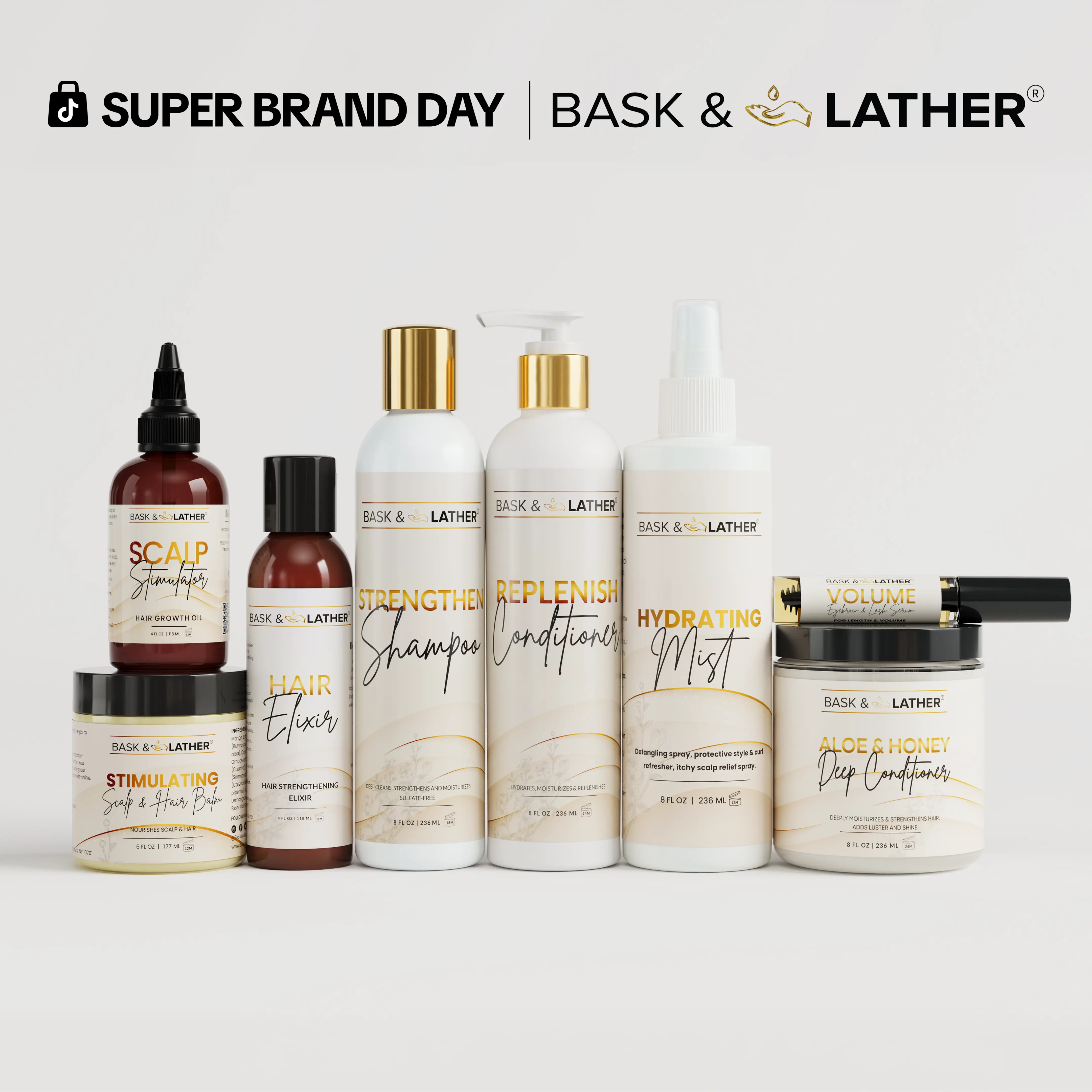 Bask & Lather Ultimate Healthy Hair Care Bundle - Limited Edition with JUMBO Scalp Stimulator, Hair Elixir, Hydrating Mist, Stimulating Balm, Strengthen Shampoo, Replenish Conditioner, Aloe & Honey Deep Conditioner, Volume Serum