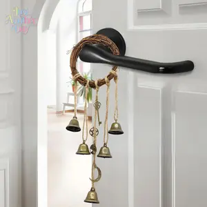 Rustic Wreath Witch Bells Wind Chime, Vintage Bronze Bells with Pentagram and Moon Charms, Protection Door Hanging Ornament, Great for Home Protection, Spiritual Cleansing, and Christmas Decor