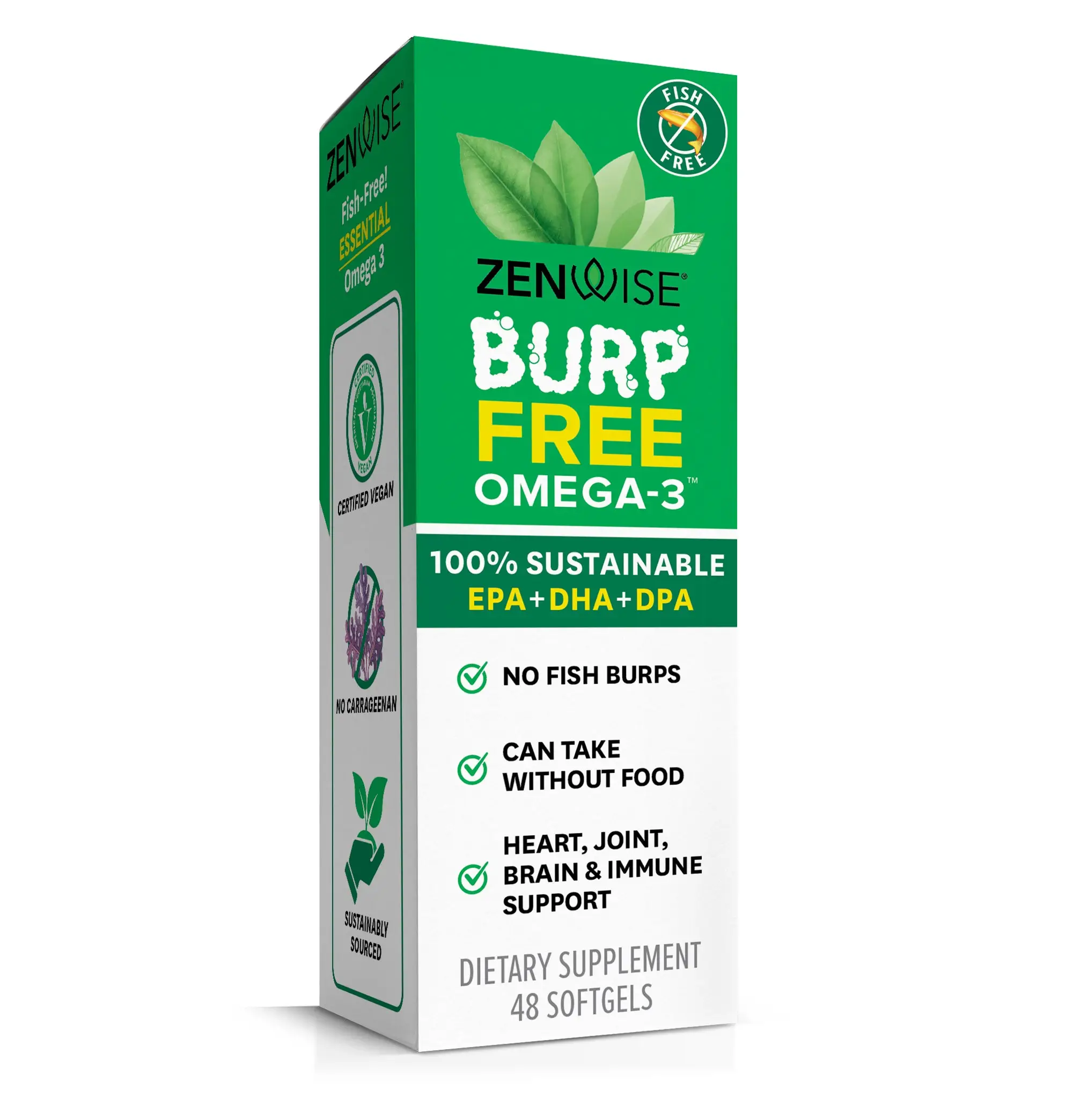 Zenwise Burp-Free Omega-3 140mg EPA & 280mg DHA Plant-Powered for Heart Joint Brain & Immune Health - 48 Softgels, Dairy Free, Vegan, No Fish Burps