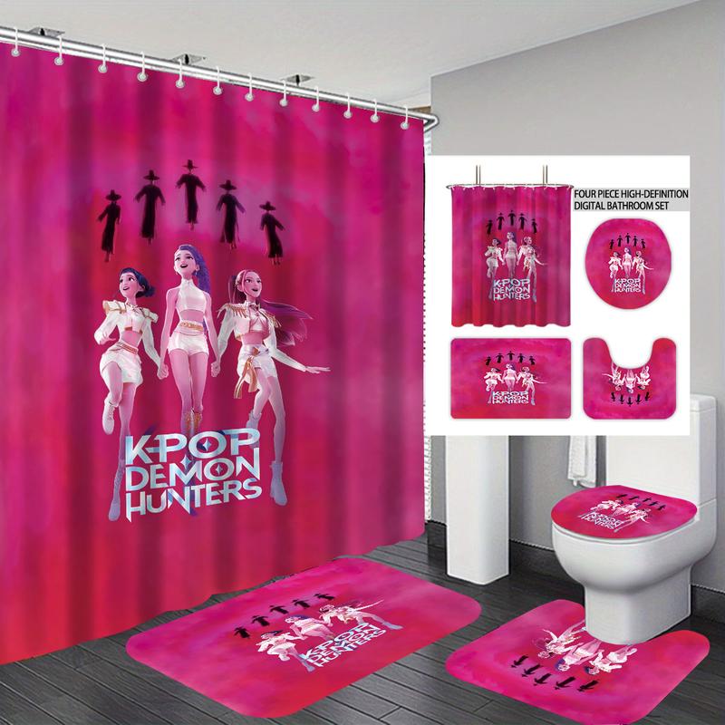 4pcs K-POP Demon Hunters Bathroom Set, Shower Curtain with Hooks, Non-Slip Bath Rug, U-Shaped Toilet Mat, Toilet Lid Cover, Bathroom Decoration Accessories