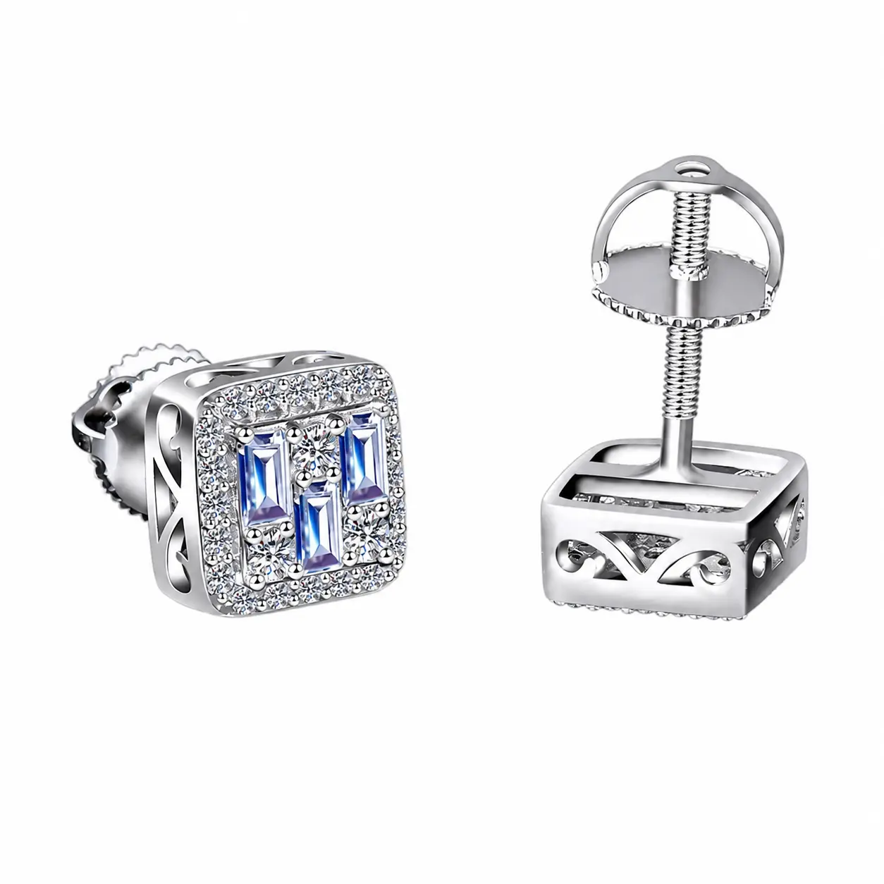 Moissanite Baguette Halo Earrings 14K Gold