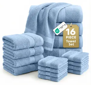 LANE LINEN Unisex Modern 100% Ringspun Cotton Bathroom Towels Set - 16-Piece Family Pack, Soft, Absorbent, Quick-Dry - 4 Bath, 8 Washcloths, 4 Hand Towels, OEKO-TEX Certified, Durable