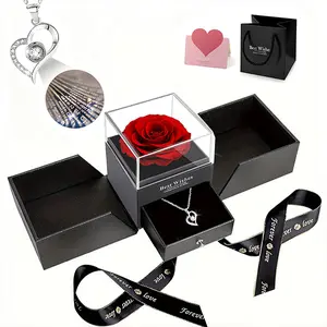 Preserved Red Rose in Heart Box with "I Love You" Necklace. For Valentine‘s, Mother’s Day & Anniversary.
