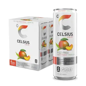 CELSIUS® Fizz Free Peach Mango Green Tea, Sugar Free Energy Drink, 12 Fl Oz (Pack of 4)