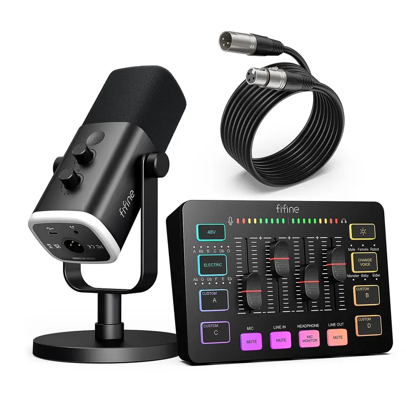 fifine Gaming Equipment Bundle, AM8 Dynamic XLR/USB Gaming Mic Set with SC3 Streaming Audio Mixer Bundle, AM8 Mic with SC3 Mixer & XLR Cable, Gaming Accessories for Content Creators, 20-20kHz, USB Type A, Volume Fader for PC/Smartphone