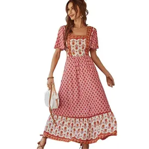 GARVEE Damen Kleid Sommer Elegant Kurzarm Lang Blumenmuster Sommer Casual Langes Kleid Rosa XL