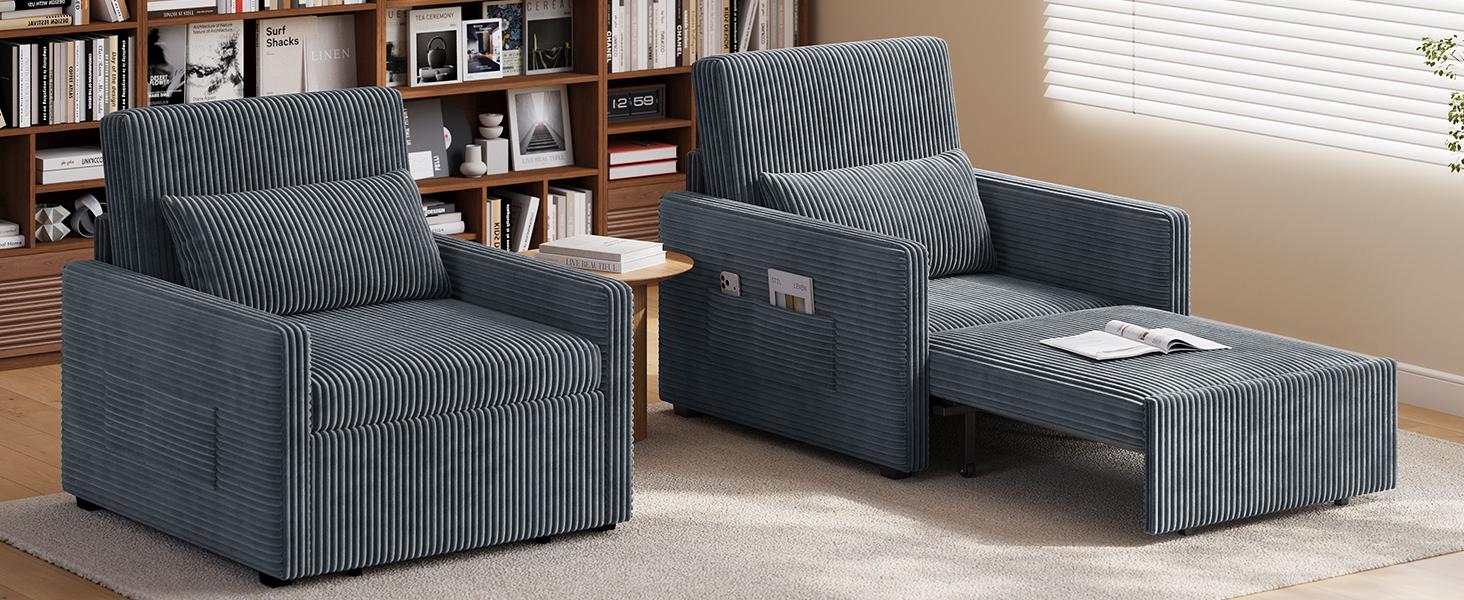 Gizoon 3 in 1 Pull Out Sleeper Chair, 75.2" Long Convertible Sofa Bed for Adults, Corduroy Armchair Chair Bed & Single Sleeper with Pillow for Dorm/Bedroom, Dark Grey | Dark Gray