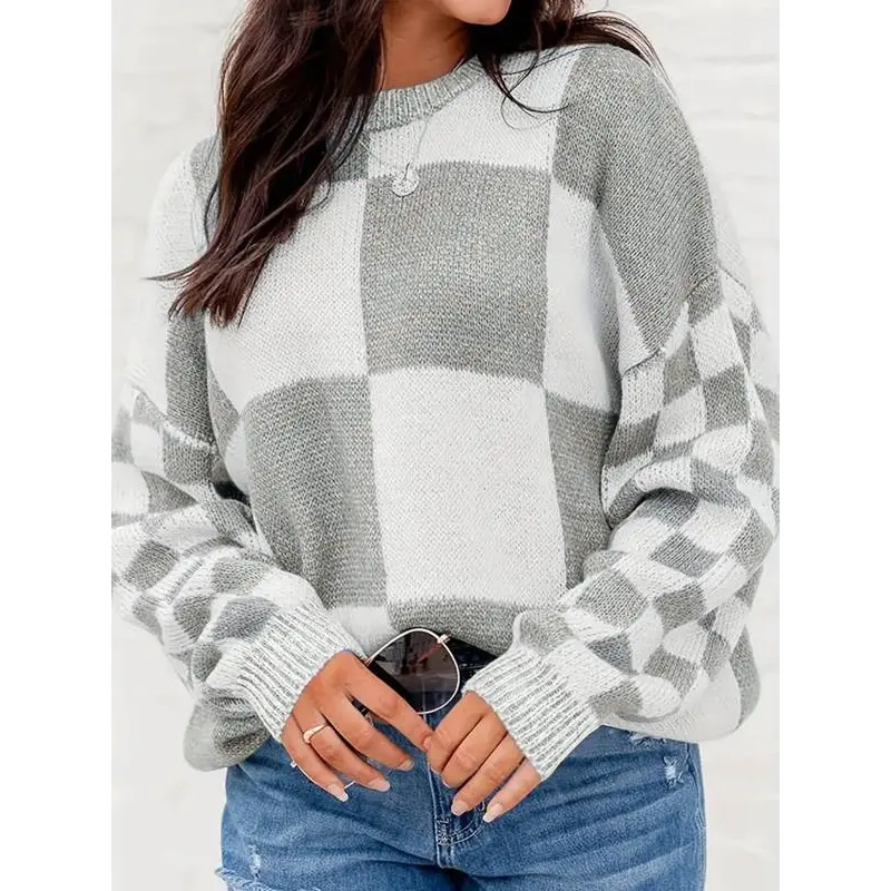 Women's Plaid Chunky Patchwork Long Sleeve Loose-Fit Drop Shoulder Acrylic Knit Sweater, Casual Round Neck Fall-Winter Everyday, Hand Wash, Checkered
