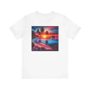"Paradise Dusk: Tropical Serenity" - Tropical Beach Sunset with Palm Trees Unisex Jersey T-Shirt Shortsleeve Cotton Menswear Soft Top Classic Coconut Collars Comfy Exotic