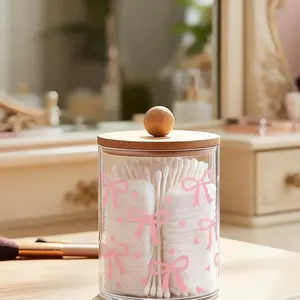 1pc Pink Bow Storage Box With Clear Dome Lid 10Oz Qtip Apothecary Jar Clear Storage Box Makeup Organizer, Multipurpose Storage, Bathroom Containers Dispenser, Bathroom Decor, Vanity Organizer, Decorative Container For Home, Bathroom