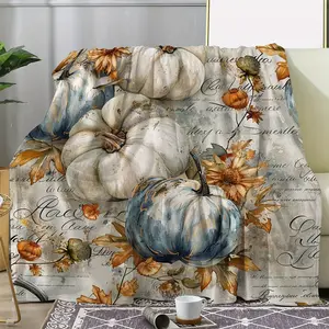 Vintage Style Autumn Pumpkin and Maple Leaf Print Flannel Blanket - Cozy Soft Sofa Blanket, Bed Blanket, Car Blanket, Office Blanket, Camping Blanket - Year-Round Comfort, 100% Polyester, Multi-Color Design, Cozy Home Accessories |   Vintage Design