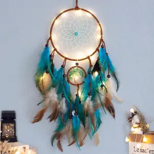 Dream Catcher Blue Tree of Life with Feathers Mobile LED Fairy Lights Handmade Indians Traditional Circular Net Wall Hanging Decor Bedroom Kids Home Decoration Wedding Party Blessing Gift