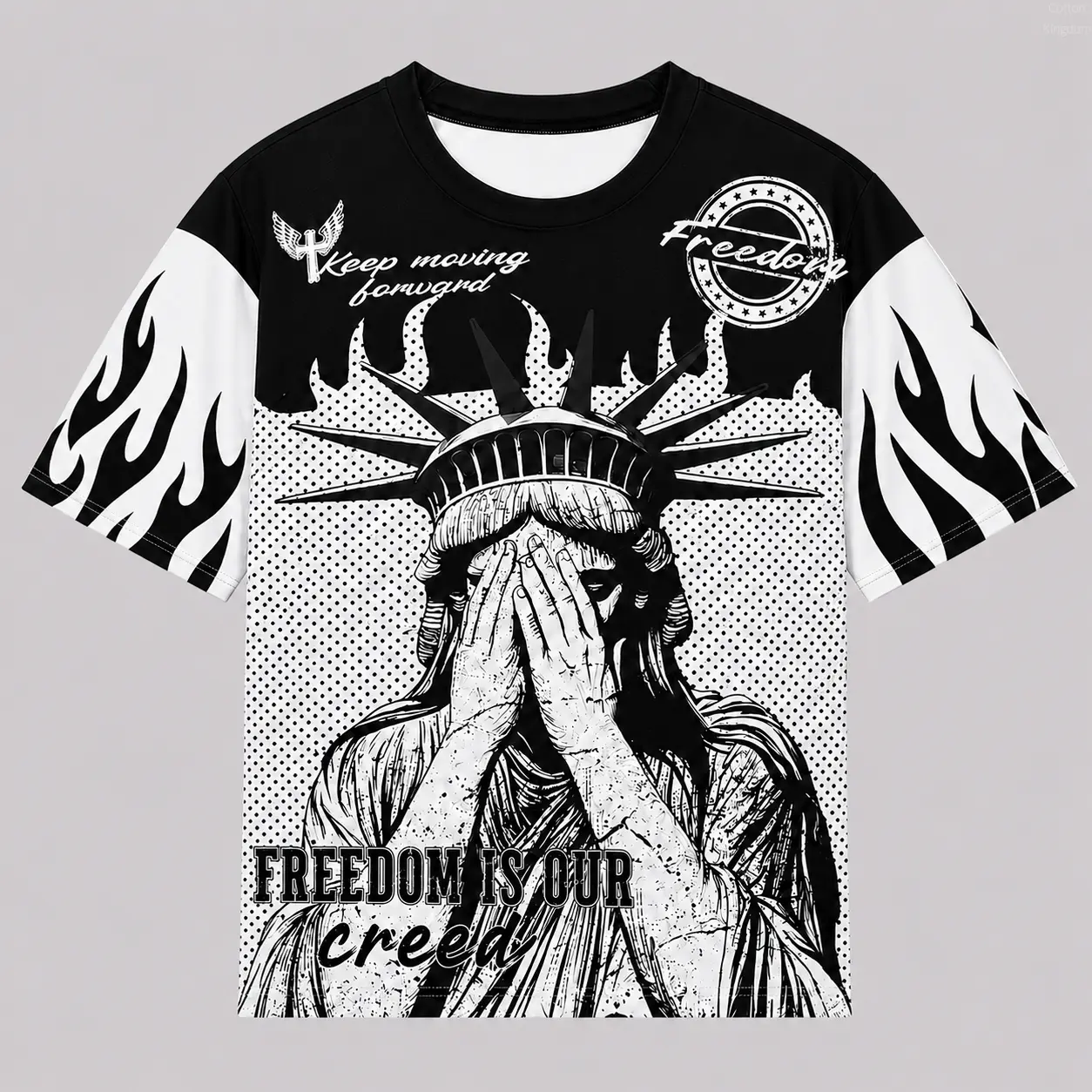 Men's Oversized Statue of Liberty T-Shirt - Full-Body Black & White Graffiti Flame Print Streetwear Tee, Round Neck Short Sleeve Casual Shirt Suitable for Spring Summer Fall Urban Fashion, Machine Washable