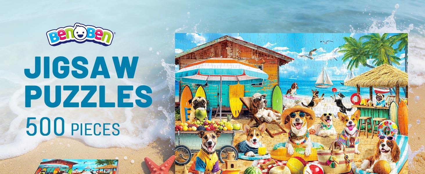BenBen Puzzles for Adults 500 Pieces, Dogs on Vacation, Summer Dog Jigsaw Puzzle with Patterns on Back, Funny Animal Puzzle, Challenging Puzzles for Family Game Night, Home Décor