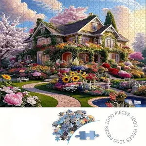 1000 Piece Flower House Theme Puzzle, Large Adult Family Interactive Toy, DIY Home Decor Brain Challenge, Holiday Scene, Perfect Gift