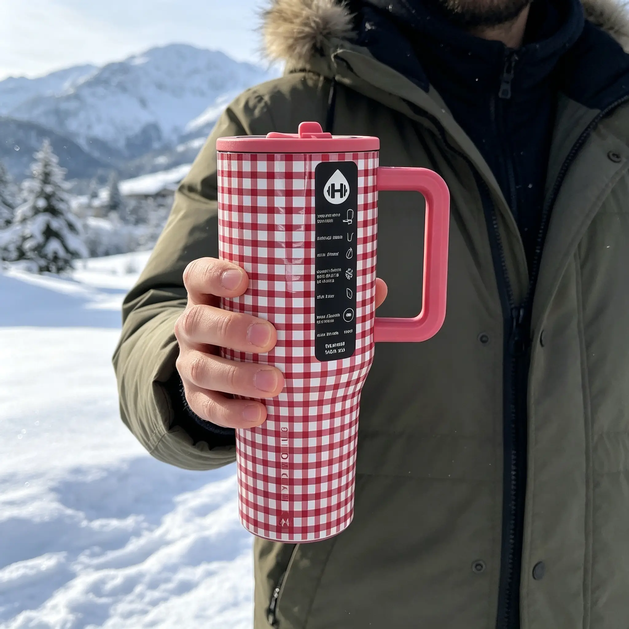 HydroJug 40oz Vacuum Insulated Stainless Steel Tumbler, Red Gingham Pattern, Comfort Handle And Straw Lid, Leak-Proof, Cup Holder Compatible, Up To 24 Hour Cold Retention, Ideal For Outdoor, Brunch Gatherings And Daily Office Use