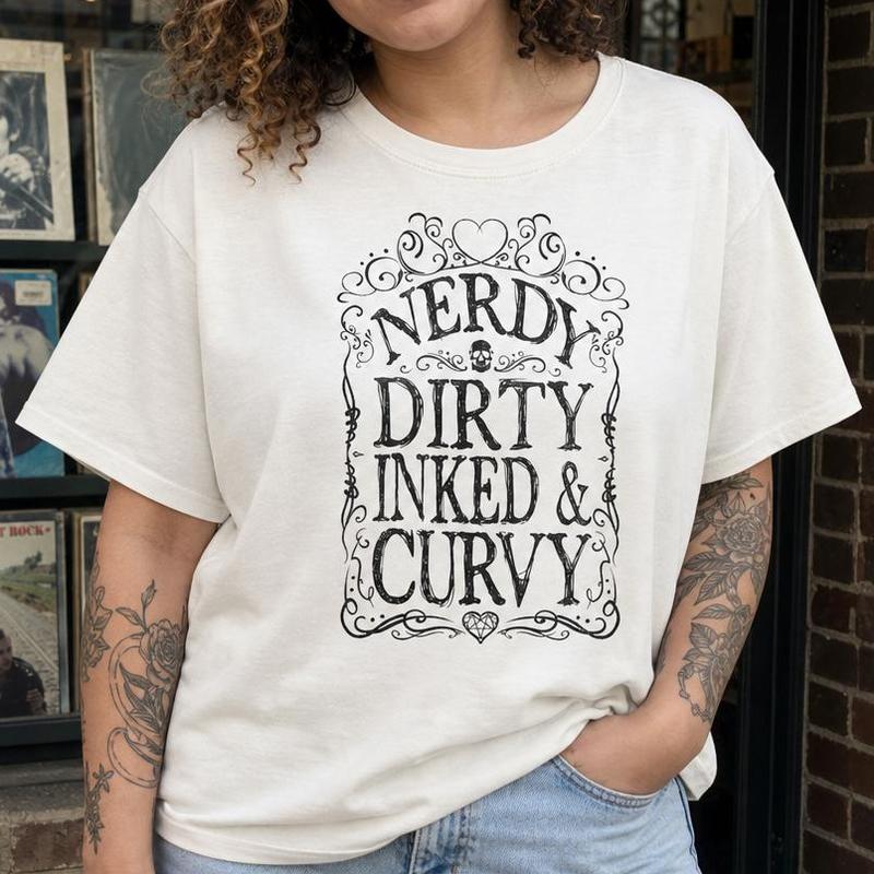Women's Short-Sleeve Cotton Crew Neck T-Shirt - Drop Shoulders, Loose-Fit, Bold Graphic, Nerdy Dirty Inked Curvy Designs, Vintage Typography Top for Casual Wear