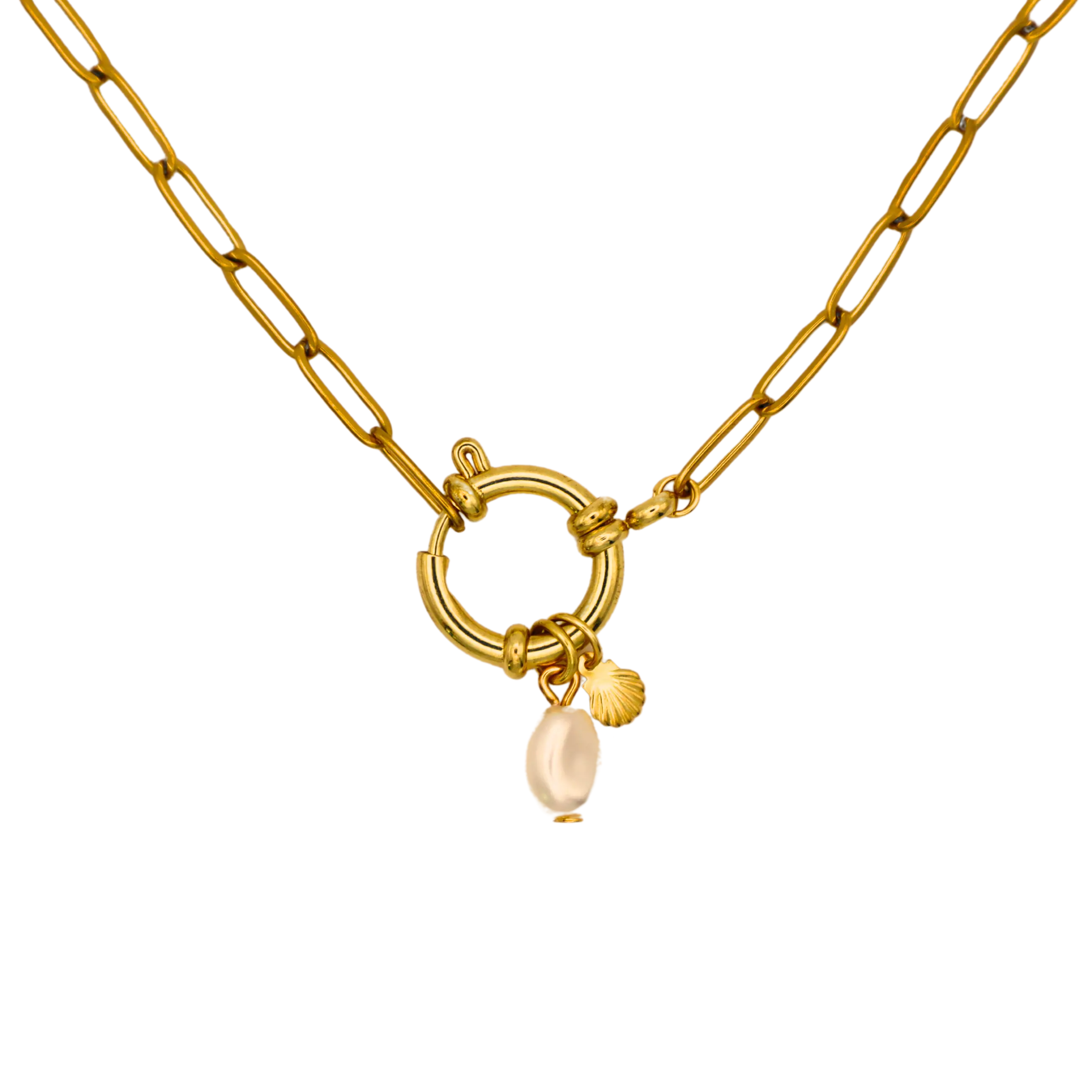 Pearl & Shell Sailor Clasp Necklace | 18K Gold Plated