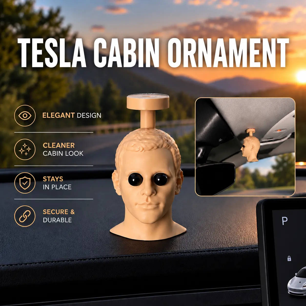 Tesla Head Ornament – Interior Dashboard Accessory Compatible with Tesla Model 3/Y